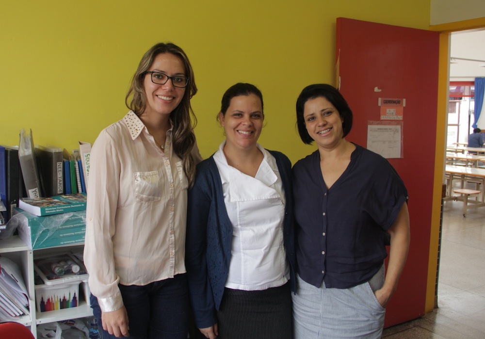 Equipe gestora da EMEB Francisco Beltrán: Camila Silva Alves, coordenadora, Adélia dos Santos, vice-diretora e Andreia Rocha, diretora